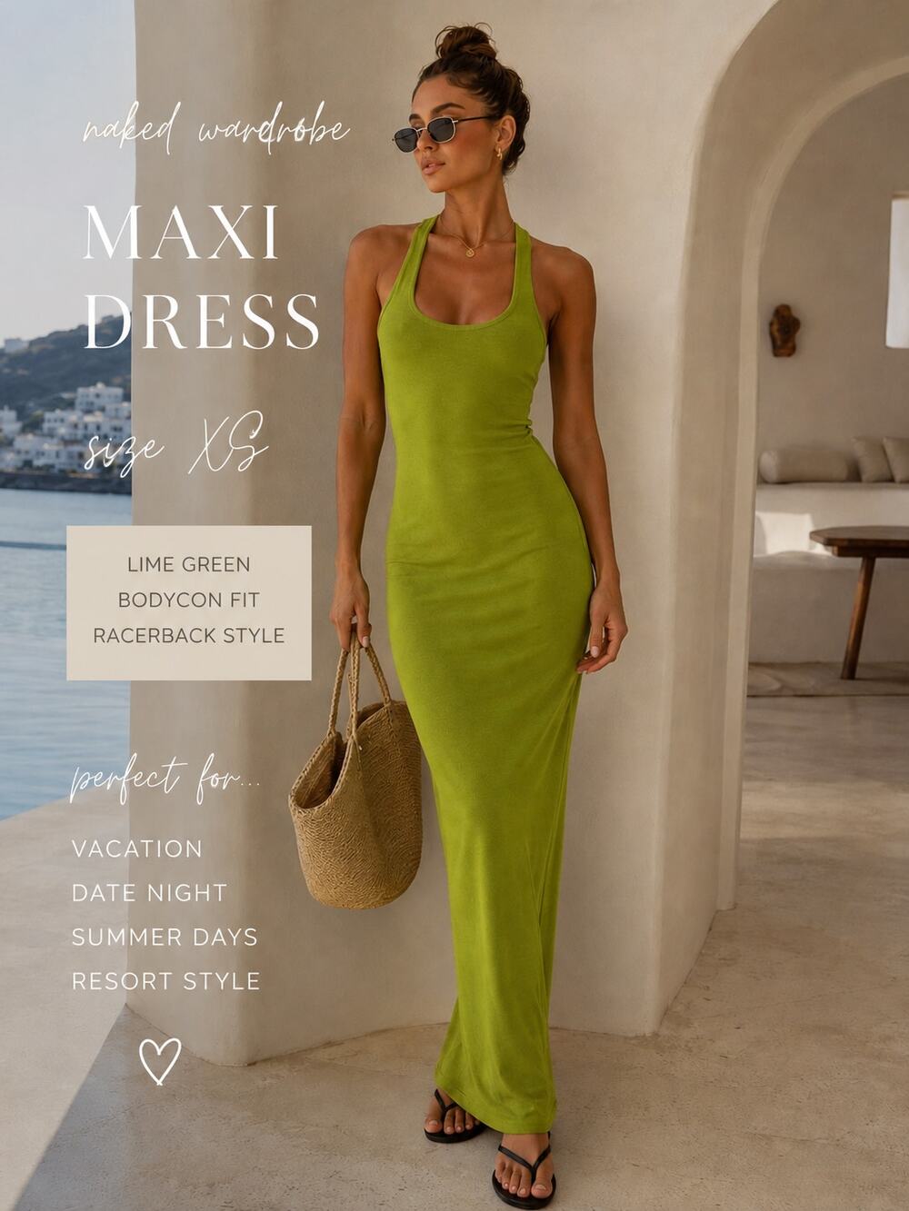 New Naked Wardrobe Maxi Dress XS Lime Green Racerback Bodycon Minimalist Resort
